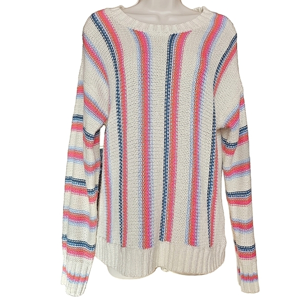 HEM & THREAD Women's Soft Oversized Cream Striped Pullover Knit Sweater - Picture 2 of 13